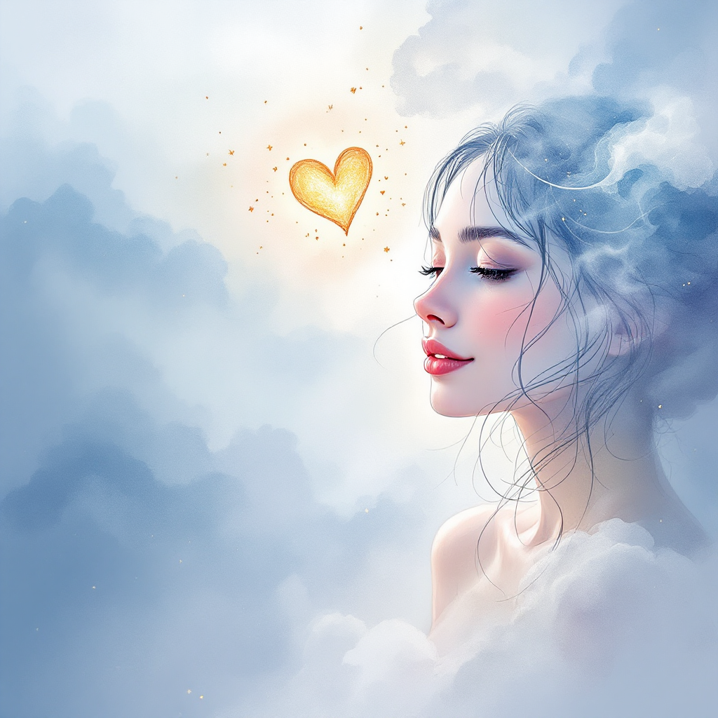 A serene woman with soft features gazes peacefully to the side, surrounded by gentle clouds, as a glowing heart symbol radiates warmth above her, reflecting the essence of love's transformative power.