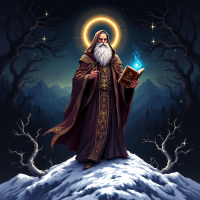 A wise, bearded figure in a flowing robe stands atop a snowy peak, holding an ancient book that glows with magical light, surrounded by a mystical, shadowy landscape at twilight.