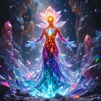 A luminous figure composed of vibrant crystals and radiant light stands amidst a surreal cave, embodying the concept of reality as an interpretative experience.