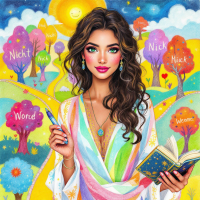 A vibrant illustration of a woman holding a pen and book, surrounded by colorful trees and a bright landscape, embodying the spirit of self-determination and personal narrative.