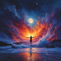 A figure stands with arms outstretched against a backdrop of swirling flames and a glowing moon, embodying the fierce, consuming nature of love as described in the quote.