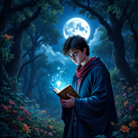 A young wizard stands in a moonlit forest, reading a magical book with glowing sparks emanating from it, embodying the quote about choices revealing true character.