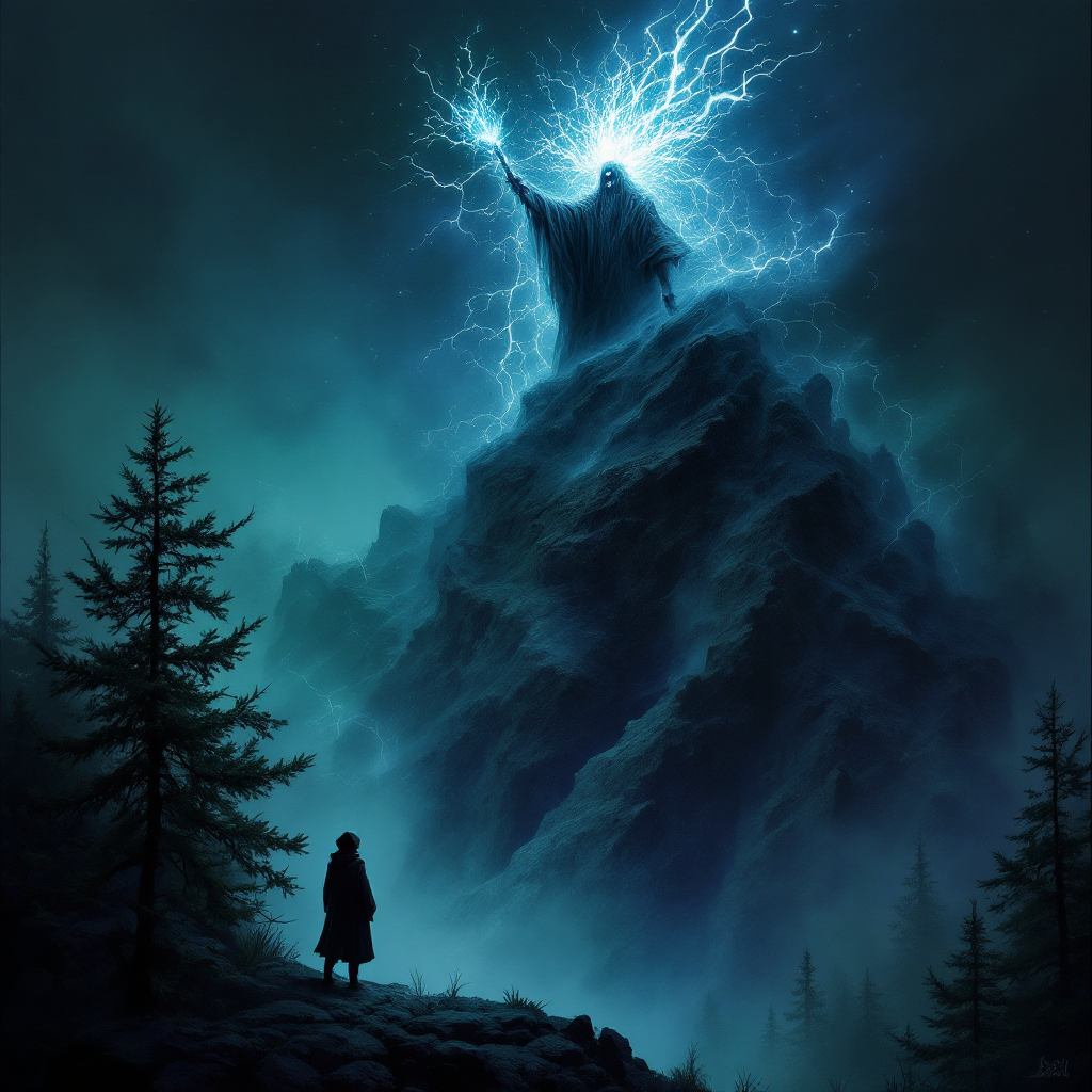 A dark, mystical scene depicts a towering wizard on a stormy mountain, wielding lightning, while a cloaked figure stands below, emphasizing the warning against meddling with wizards.