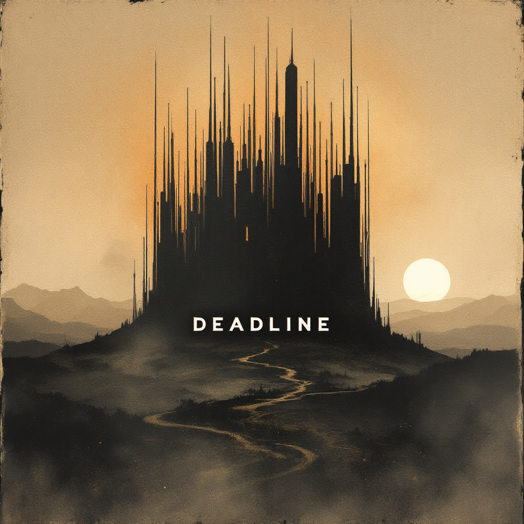 A dark, spiky silhouette of a castle looms against an orange sky, with DEADLINE boldly displayed in the foreground, evoking the pressure of looming deadlines.