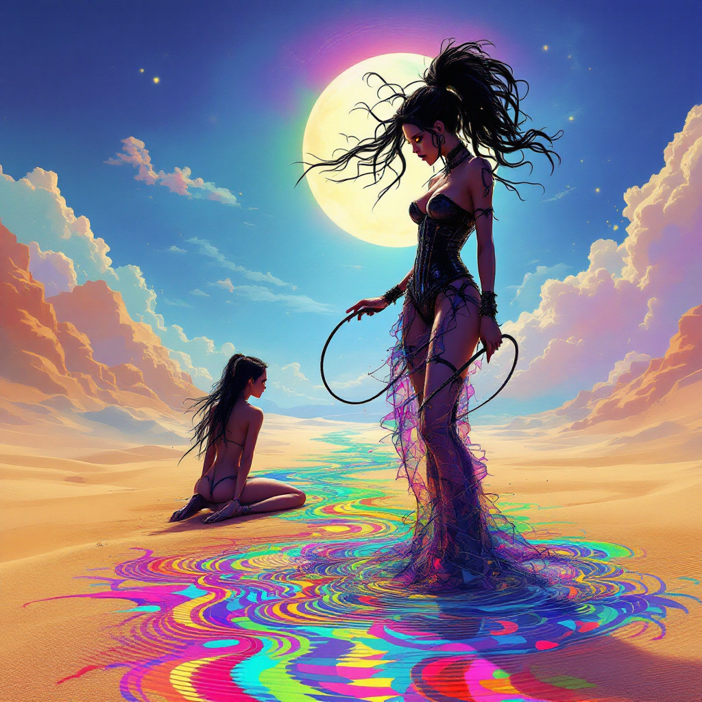 A dominant figure in a shimmering outfit stands confidently over a kneeling individual in a vibrant, dreamlike desert landscape under a full moon, embodying the exploration of nontraditional roles.