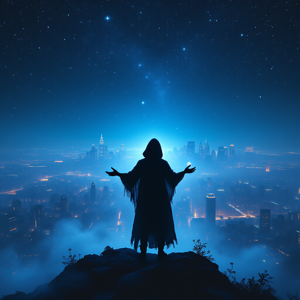 A cloaked figure stands on a rocky outcrop, arms outstretched toward a glowing city skyline under a starry night, embodying the search for one's place in the chaos of life.