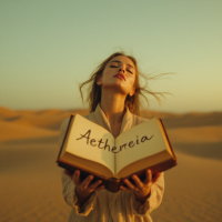 A woman stands in a desert, holding an open book with Aetheriea inscribed on the pages, embodying the power of naming that creates and transforms worlds.