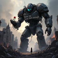 A towering robot holds a rose, with the phrase love is love not enough etched on its chest, set against a backdrop of a devastated urban landscape.