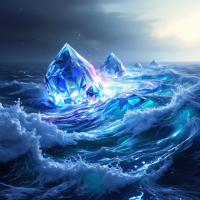 A shimmering sea scene showcases glowing, crystal-like formations rising from tumultuous waves, symbolizing the fluidity of the future against the solidity of the past.