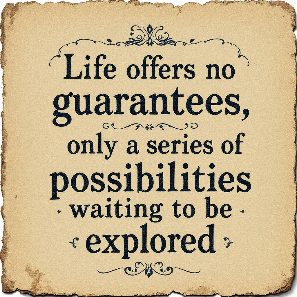 A weathered parchment background features the quote: Life offers no guarantees, only a series of possibilities waiting to be explored, emphasizing themes of opportunity and adventure.