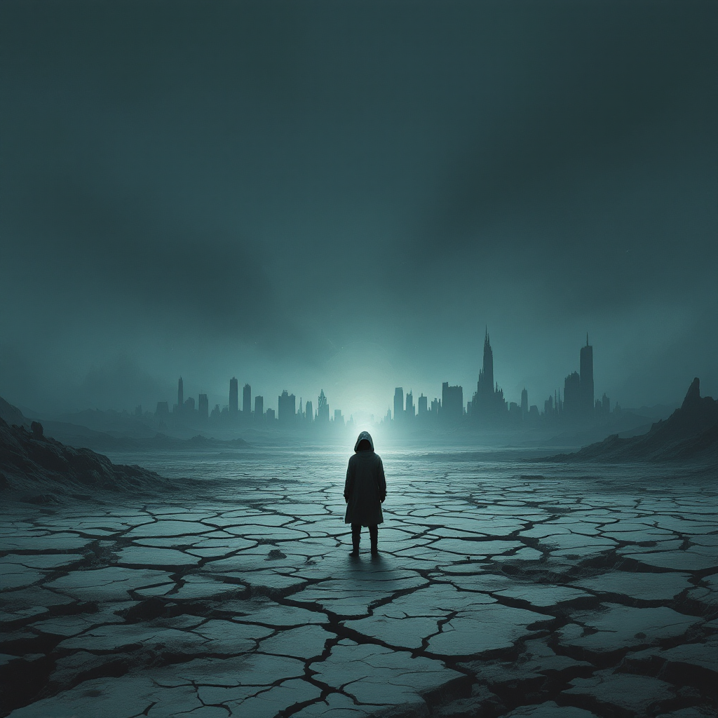 A figure stands on cracked earth, facing a dark, desolate skyline. The atmosphere evokes themes of sacrifice and environmental reckoning from the quote about the earth's balance.