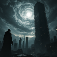 A solitary figure stands against a dark, swirling sky, illuminated by a bright moon, overlooking a desolate cityscape. The scene evokes contemplation of numbness and awareness.