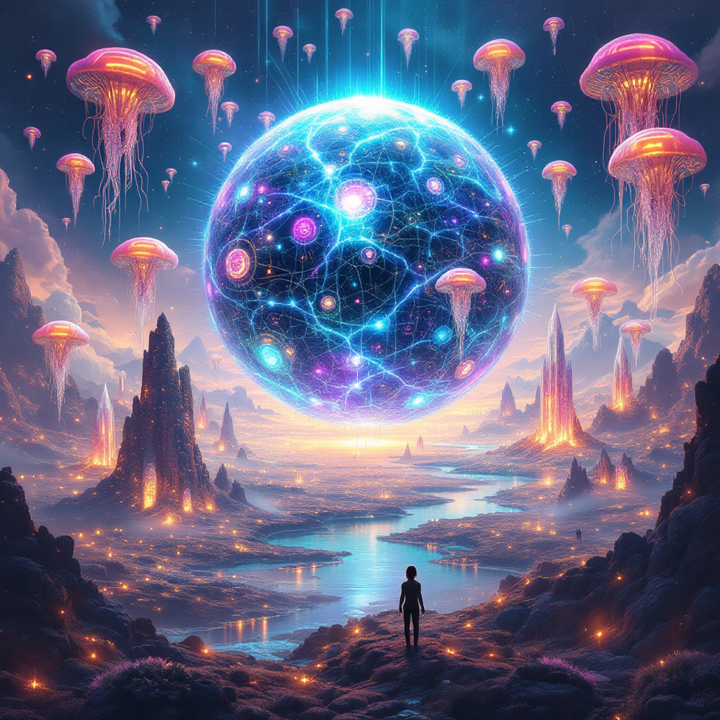 A glowing, intricate globe surrounded by luminous jellyfish hovers above a surreal landscape, with a figure gazing at the vibrant interconnected patterns reflecting an ancient research program.