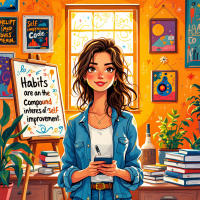 A young woman stands in a vibrant room filled with books and inspiring artwork, holding a phone. A sign behind her quotes, “Habits are the compound interest of self-improvement.”