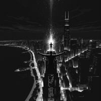 A silhouette stands triumphantly on the edge of a skyscraper, overlooking a shimmering Chicago skyline illuminated by stars, embodying the spirit of a city reborn from fire and ambition.