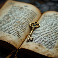 An antique book with yellowed pages and intricate handwritten text is open, displaying a vintage key resting gently on the pages, symbolizing the dual nature of knowledge as a gift and a burden.