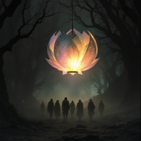 A glowing lotus lantern illuminates a dark forest, casting light on shadowy figures that move forward, symbolizing hope amid despair, calling them homeward.