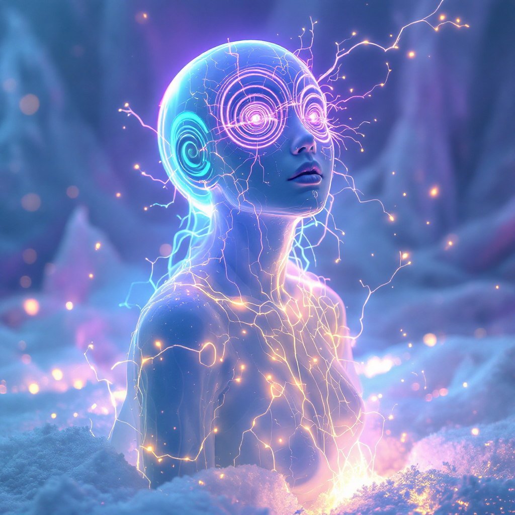 A luminous figure emerges from a snowy landscape, surrounded by swirling electric energy, symbolizing the liberation of inhibitions and the power of inner voice.