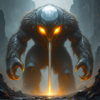 A towering creature stands amidst rocky terrain, glowing amber eyes behind a shiny face. Its massive, booted feet dent the ground, with furry paws and long talons adding to its intimidating presence.