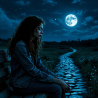 A contemplative young woman sits on a bench under a glowing full moon, gazing into the distance along a winding stone path, lost in thoughts of the past and impending decisions.