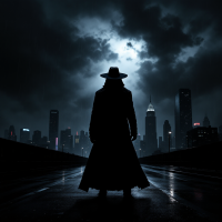 A silhouetted figure in a long coat and hat stands against a dark, stormy sky, overlooking a city skyline, embodying the quote, The enemy is not always the people you think they are.