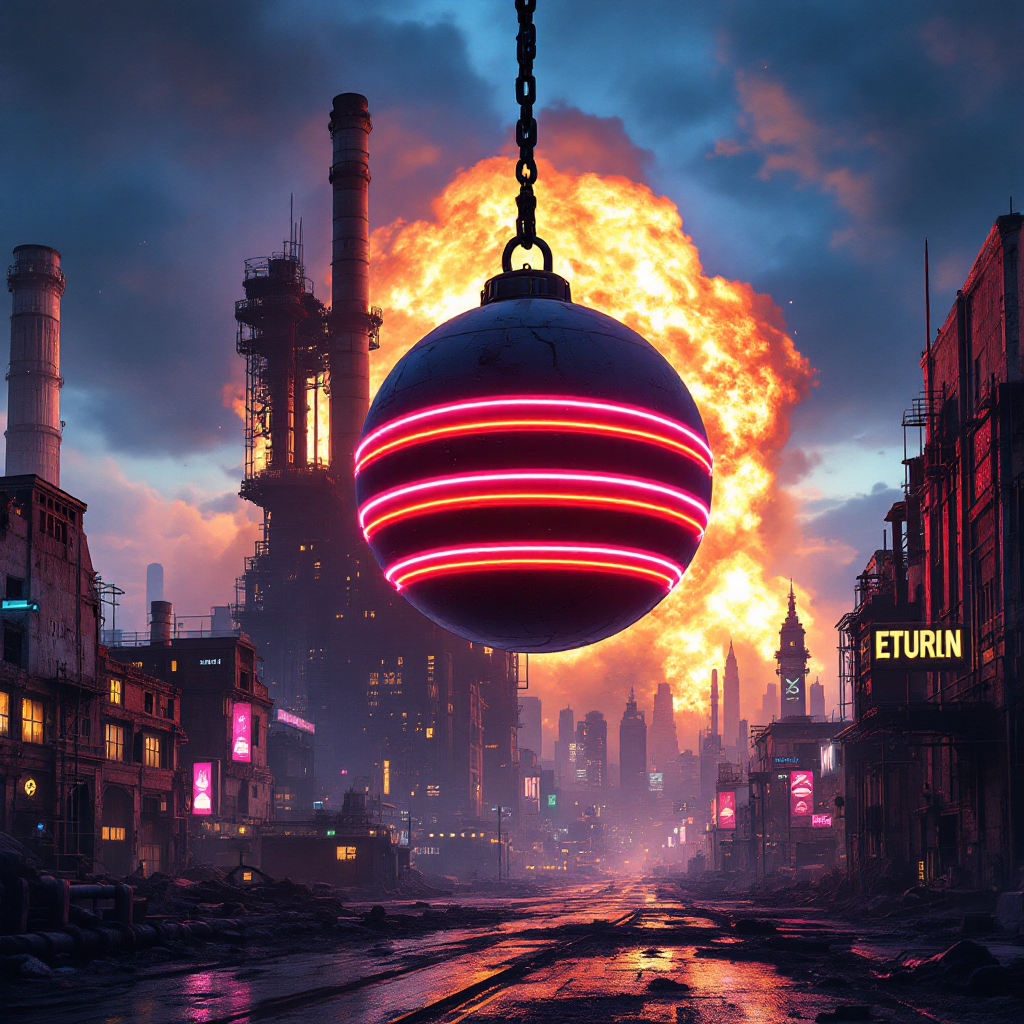 A vivid industrial scene features a wrecking ball suspended above a dystopian city, with a fiery explosion illuminating the skyline, embodying the theme of destruction leading to creation.