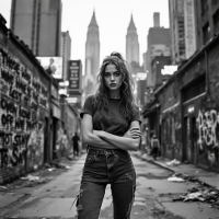 A young woman stands confidently in a gritty alley, arms crossed, with the Empire State Building faintly rising in the background, embodying the quote about the power of the unheard.