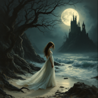 A woman in a flowing white dress stands on a rocky shore under a full moon, with a dark castle in the background, capturing the contrast of beauty and peril described in the quote.