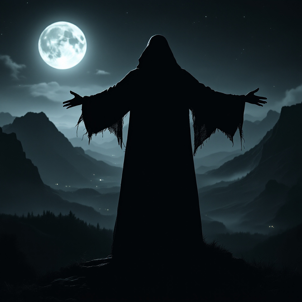 A shadowy figure in a flowing robe stands on a rocky outcrop, arms extended towards a bright full moon, overlooking a dark, mountainous landscape. The scene evokes themes of choice and transformation.