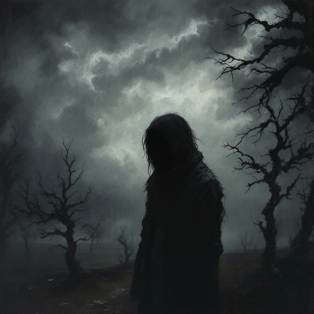 A shadowy figure stands amidst barren trees against a stormy sky, embodying the struggle of facing harsh realities instead of pretending everything is fine.