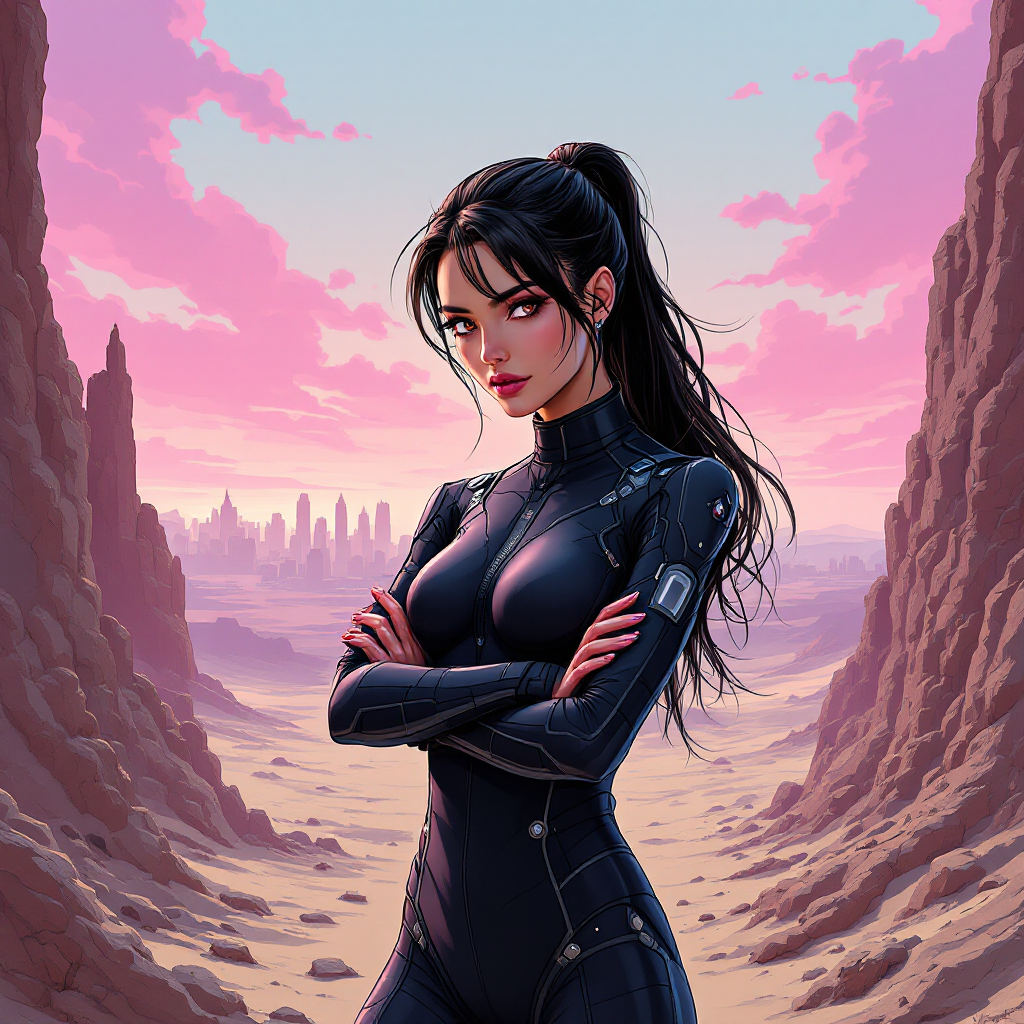 A determined woman in a sleek black suit stands with crossed arms in a rugged desert landscape, embodying the quote, Survival is not about being the strongest, it’s about being the smartest.