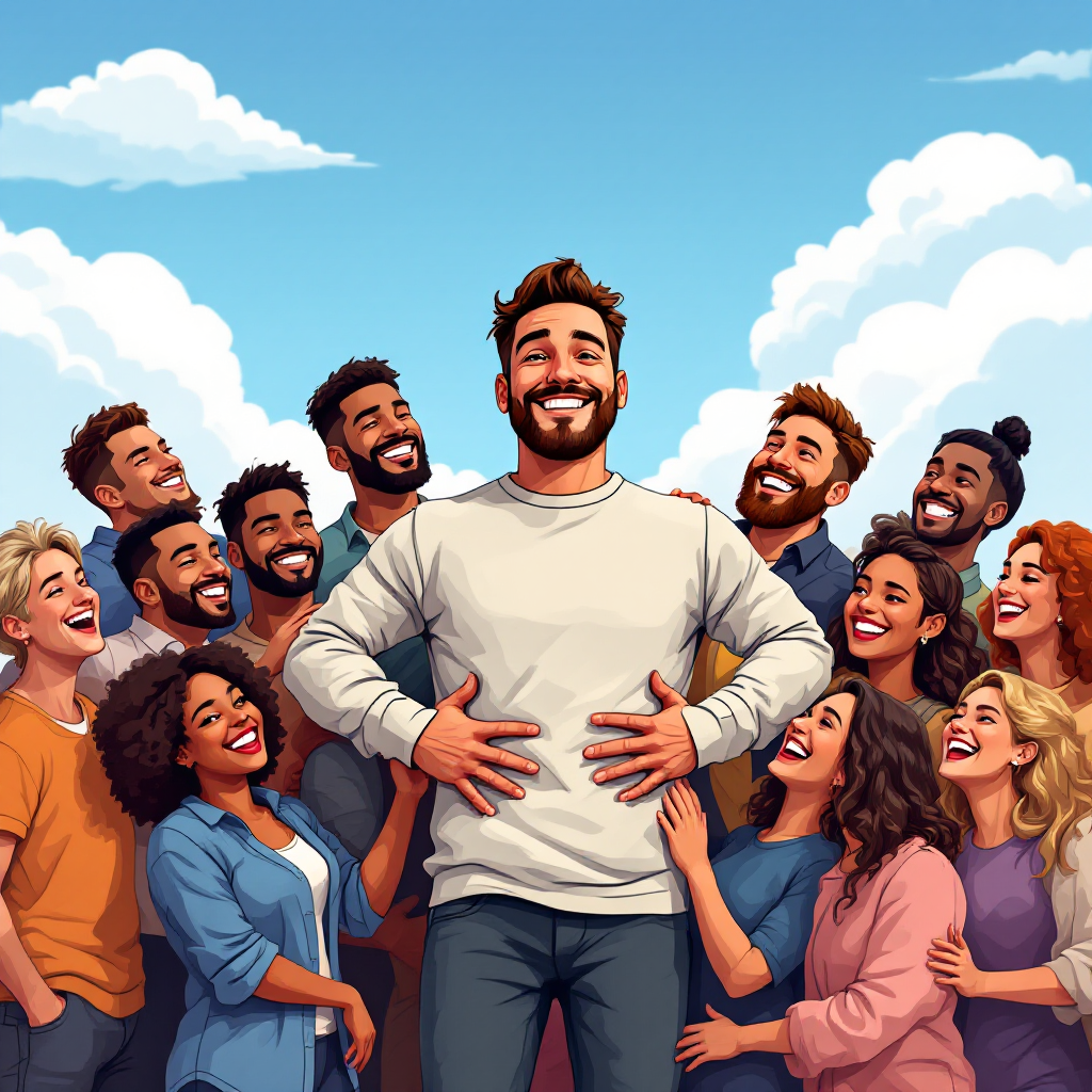 A diverse group of people joyfully surrounds a smiling man in a casual outfit, embodying the spirit of unity and brotherhood expressed in the quote about viewing all as family.