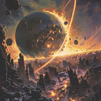 An outer planet is being pulverized, leaving debris trailing its orbit. Vast factory-machines resembling city-sized flatworms swarm its surface, with a great bristling lump of mutilated technology in the distance.