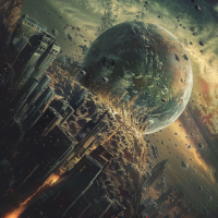 A partially destroyed planet with trails of debris extending over a hundred thousand kilometers. City-sized factory-machines swarm the surface while a large, mutilated tech structure looms in the background.