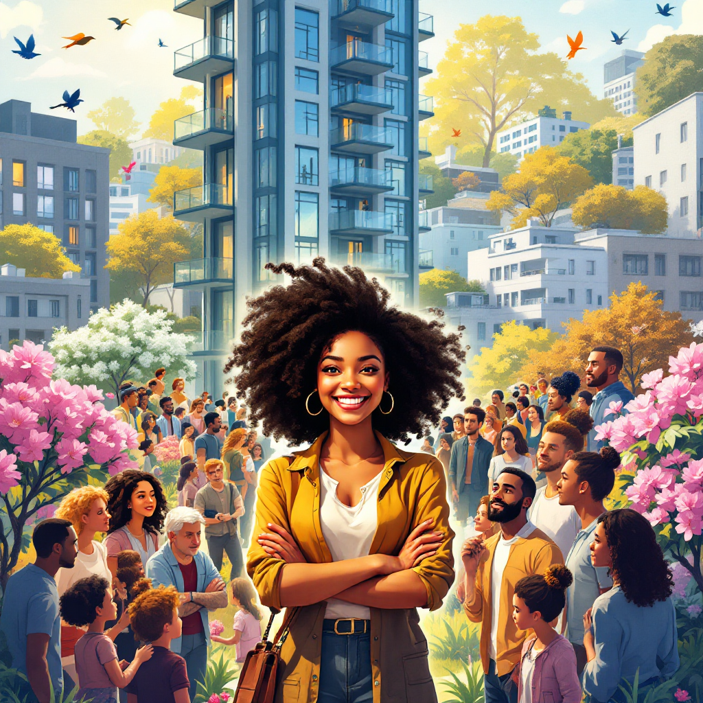 A vibrant community scene featuring a confident woman with curly hair standing proudly among diverse neighbors, embodying the essence of the quote about recognizing hidden kindness in others.