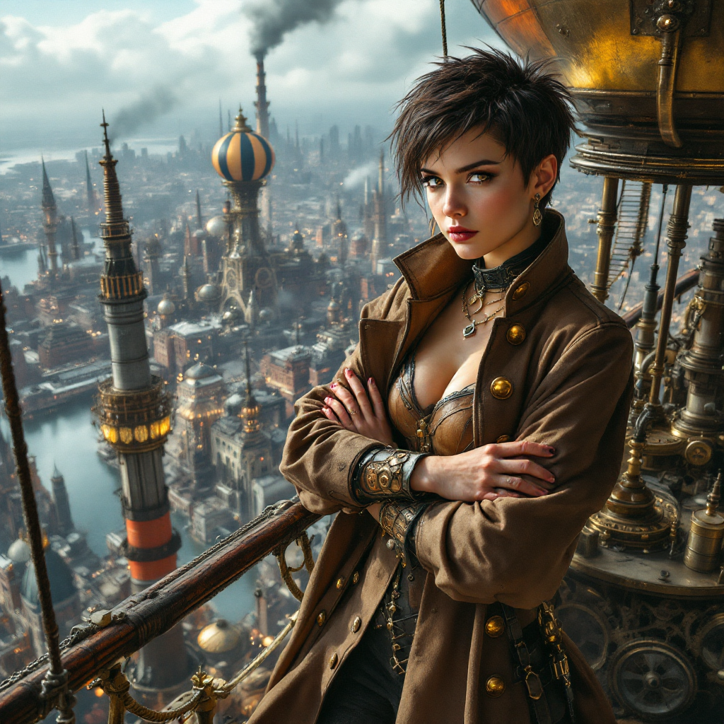 A confident young woman in a steampunk outfit stands on a balcony overlooking a bustling cityscape, embodying the spirit of bravery and living life to the fullest.