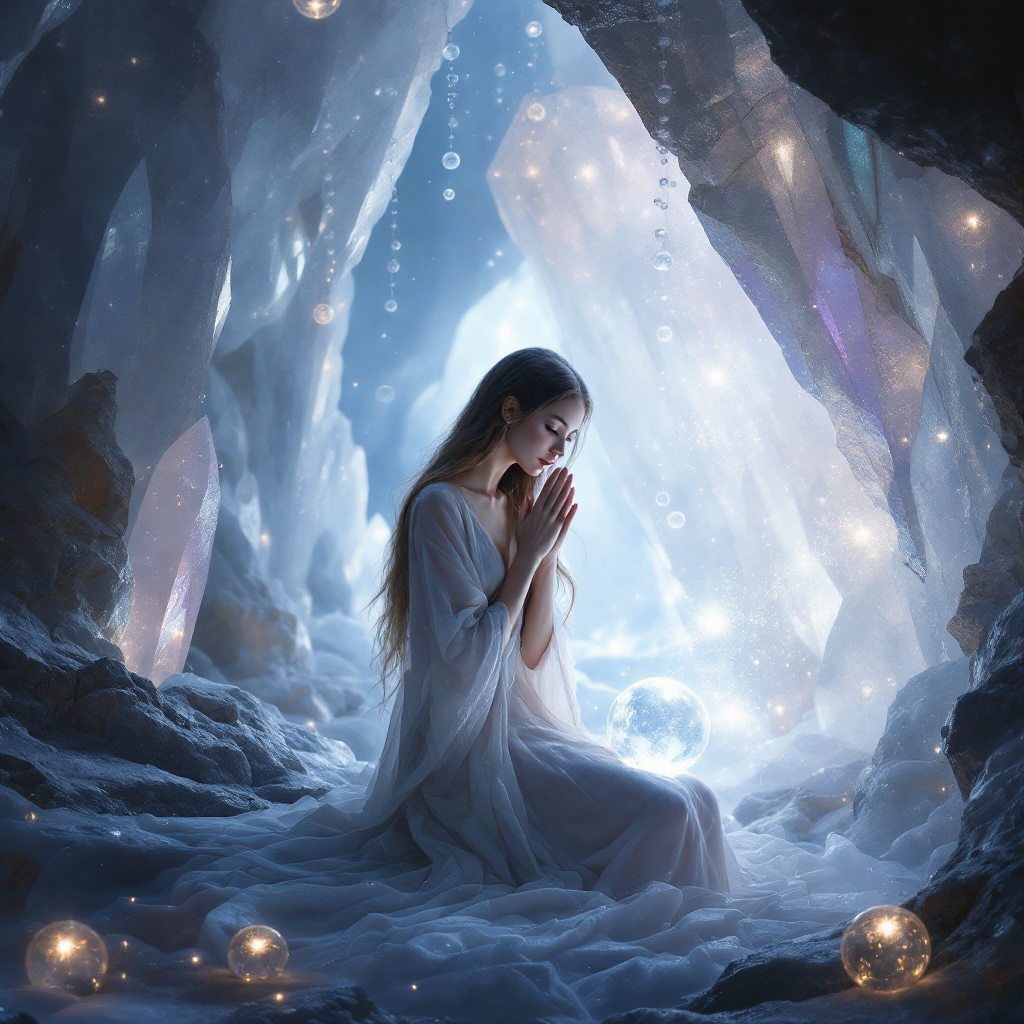 A serene woman in a white gown kneels in a mystical ice cave, surrounded by glowing orbs and crystals, embodying the healing journey of revisiting past regrets.