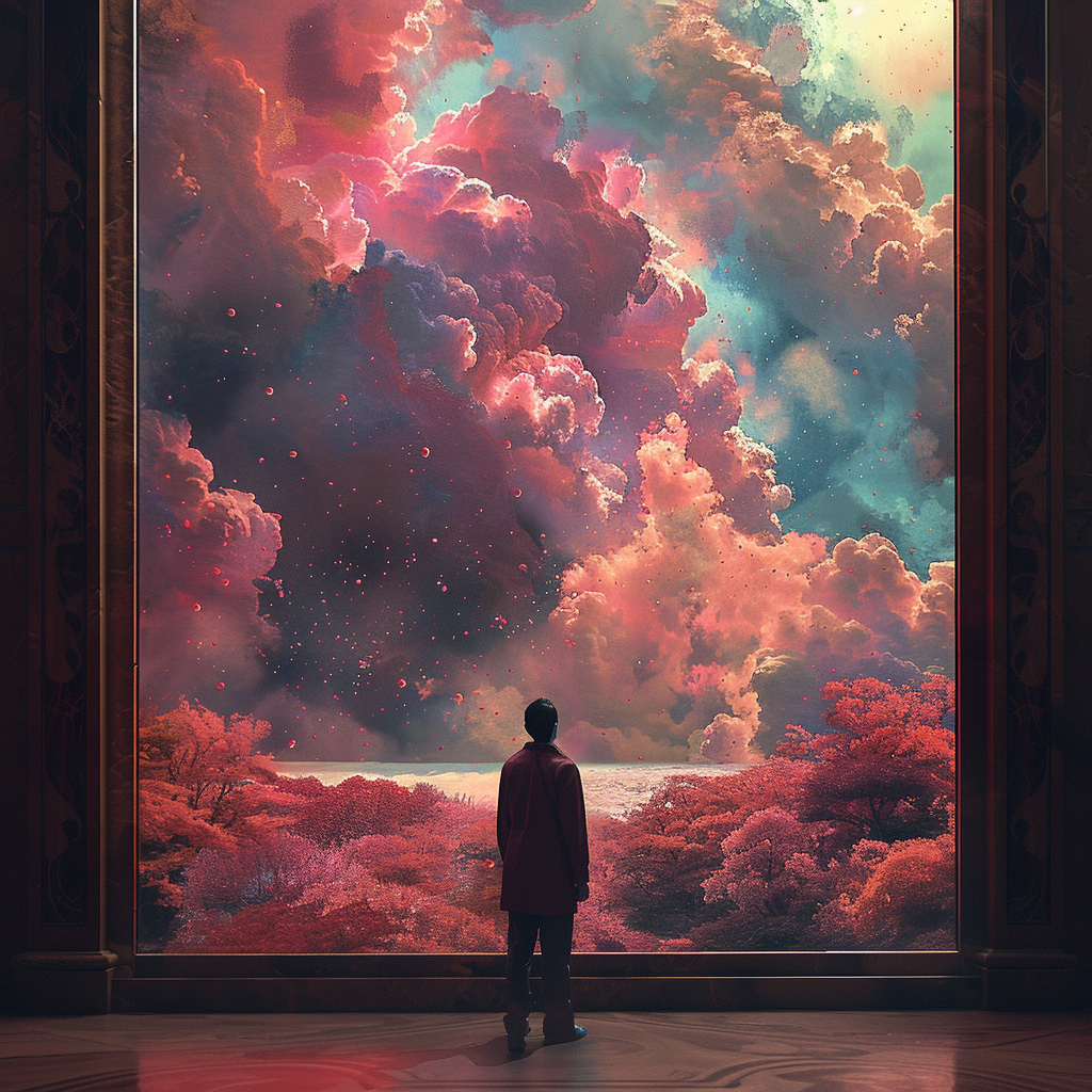 A person stands before a grand window, gazing at a vividly colorful, dreamy sky and landscape inspired by the quote, Because when you are imagining, you might as well imagine something worth while.