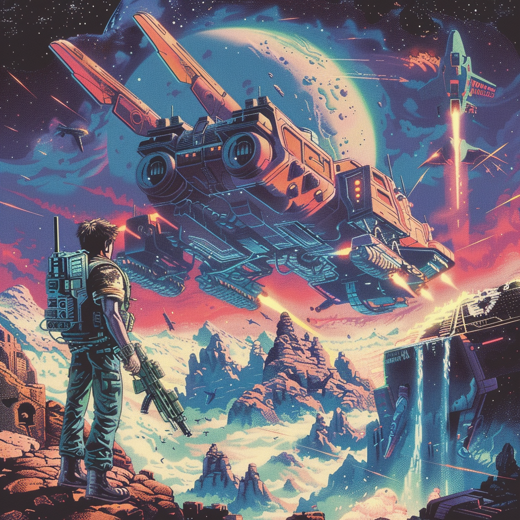 A person in futuristic gear stands on a rocky alien landscape, gazing at a massive spaceship against a vibrant cosmic backdrop, illustrating the quote: Because when you are imagining, you might as well imagine something worth while.