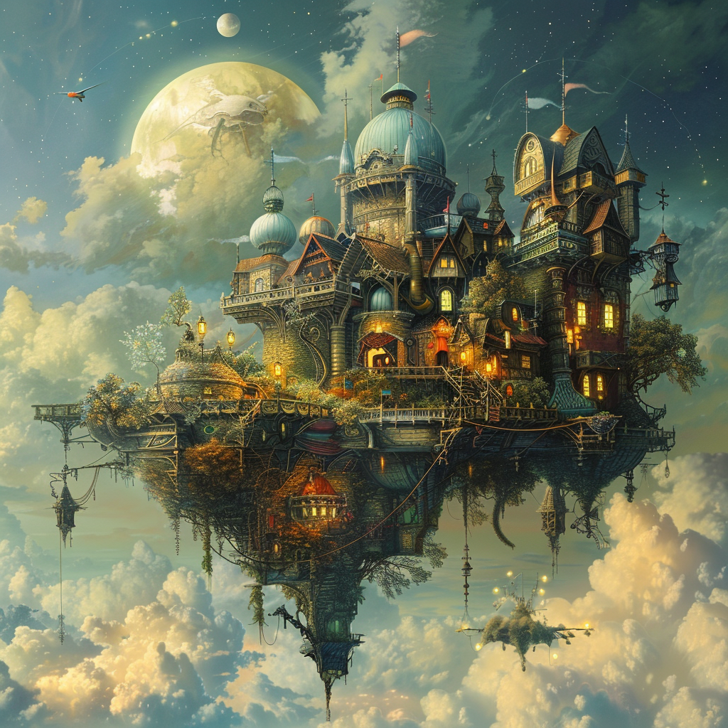 A whimsical floating castle with turrets and lights hovers above fluffy clouds under a glowing moon, capturing the essence of imaginative wonder.