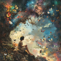 A child sits under a tree, surrounded by a magical, colorful swarm of butterflies, embodying the book quote: Because when you are imagining, you might as well imagine something worth while.