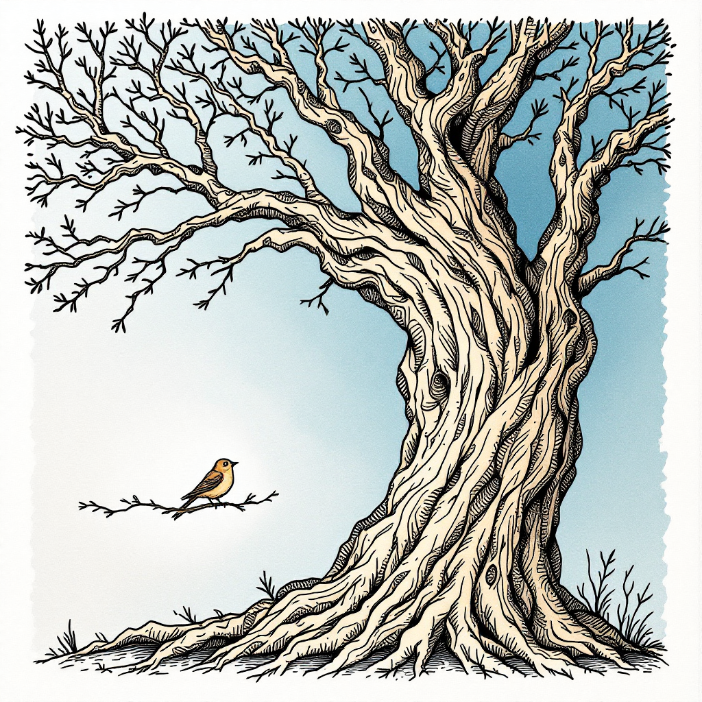 A textured, gnarled tree stands against a soft blue background, with a small bird perched on a branch, symbolizing the idea of understanding deeper motives beyond appearances.