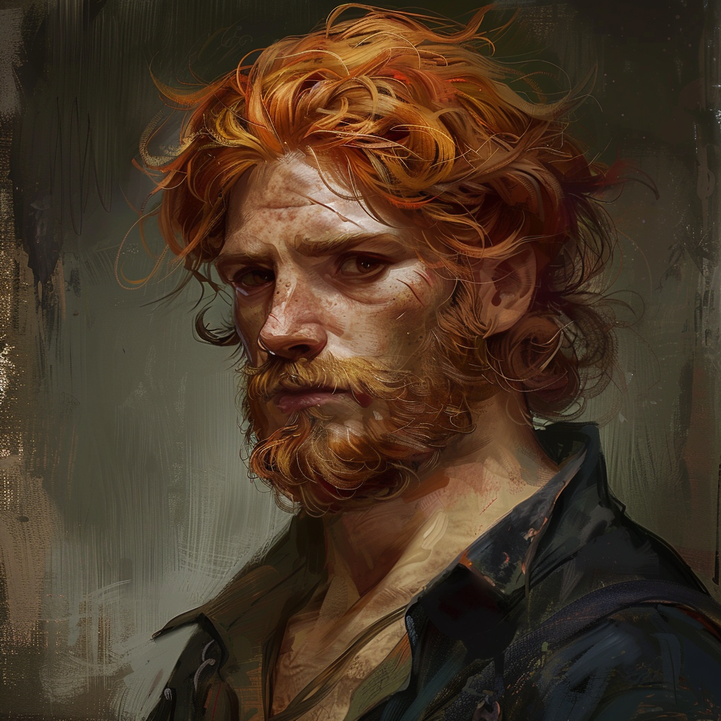 A man with striking but not conspicuously handsome features, wiry ginger hair brushed backwards, and slightly odd skin pulled backward from the nose, looking pensive.