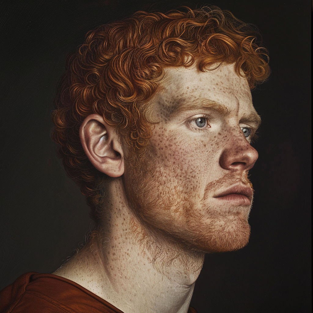 A portrait of a man with wiry, ginger hair brushed back from the temples, striking but not conspicuously handsome features, and skin that seems pulled backward from the nose. There is something subtly odd about him.