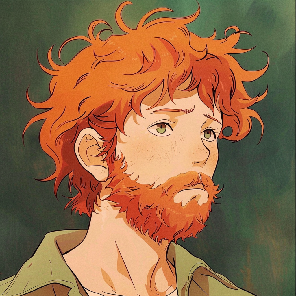 An animated man with wiry, ginger hair brushed back from his temples, striking features, and a slightly odd look. His skin appears to be pulled back from his nose. He is looking off into the distance.