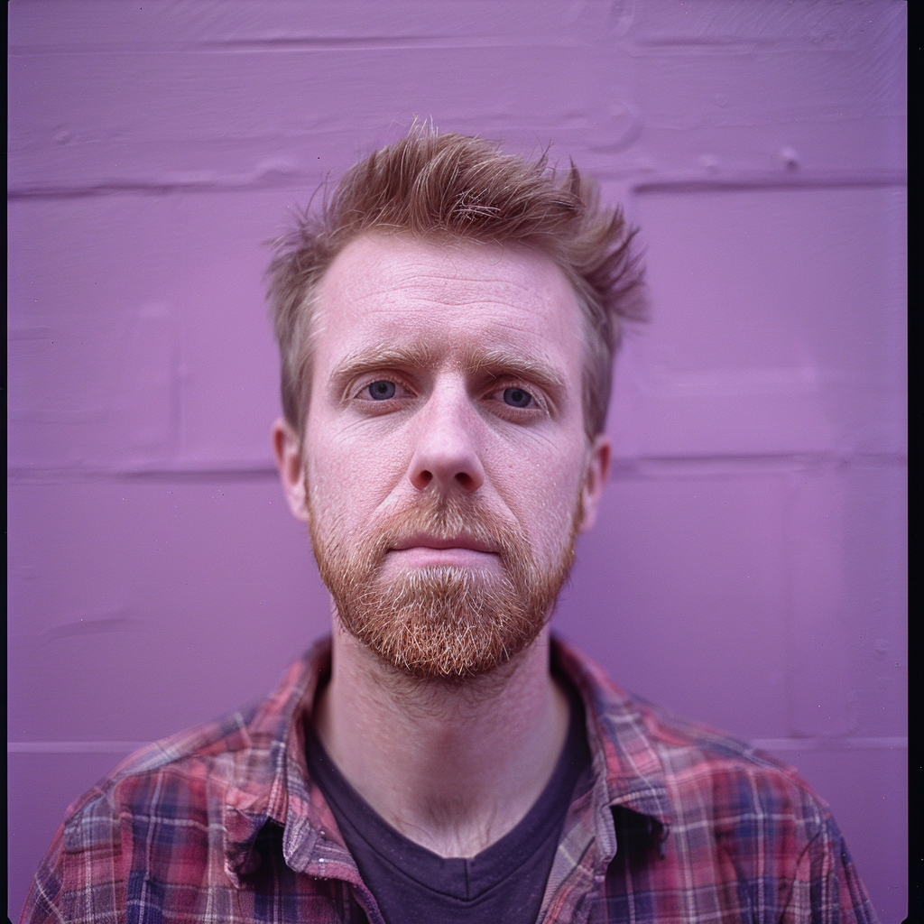 A man with wiry, gingerish hair brushed backwards, striking but not conspicuously handsome features, and slightly odd skin pulled backwards from the nose, stands against a purple wall.