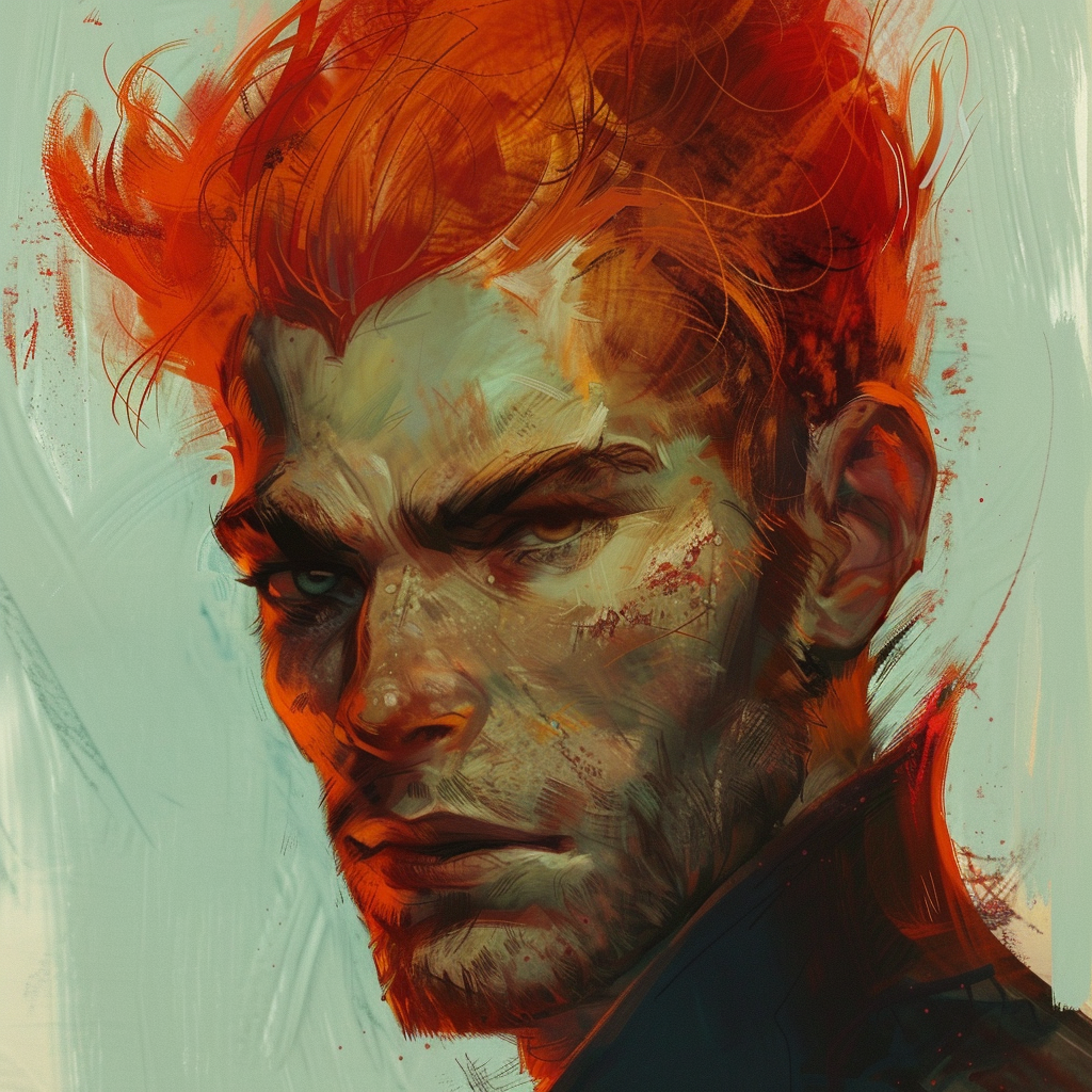 A digital portrait of a man with striking yet not conspicuously handsome features, wiry gingerish hair brushed backwards, and skin seemingly pulled from his nose, giving him a slightly odd appearance.