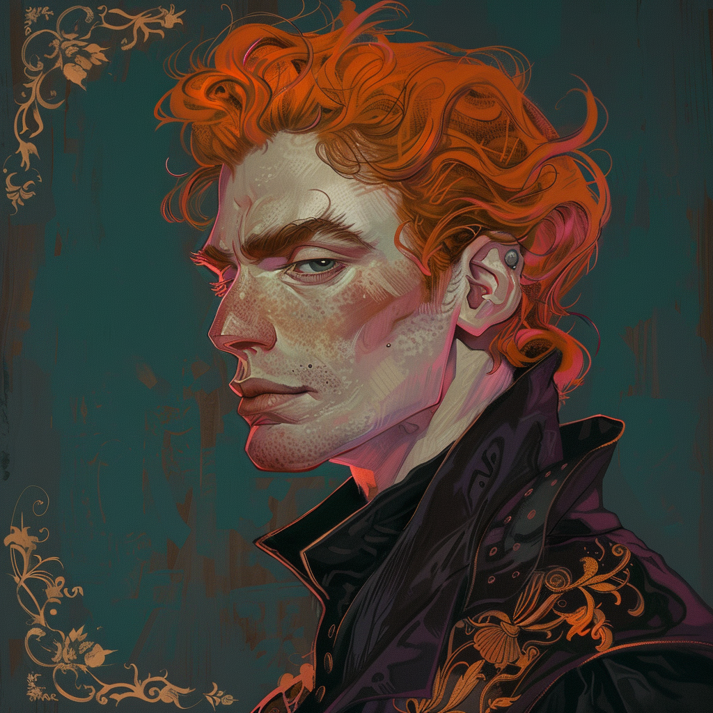 A man with striking yet unconventional features, wiry ginger hair brushed back from his temples, and slightly taut skin around his nose gazes confidently. Decorative floral accents frame the image.