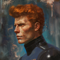 A man with striking, wiry ginger hair brushed backward, and tightly pulled skin, wearing a dark high-collared outfit. His notable yet not overtly handsome features, set against a textured background.