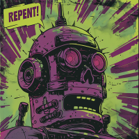 A distressed robot with red eyes and gears showing says REPENT! in a comic-style speech bubble. The background is a striking mix of green and purple.